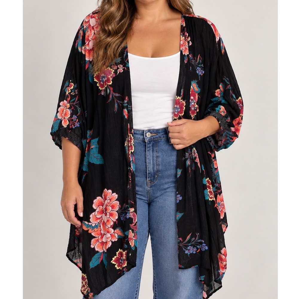 Moral Fiber Black Floral Kimono Duster Large Boho Longline Open Front Rayon